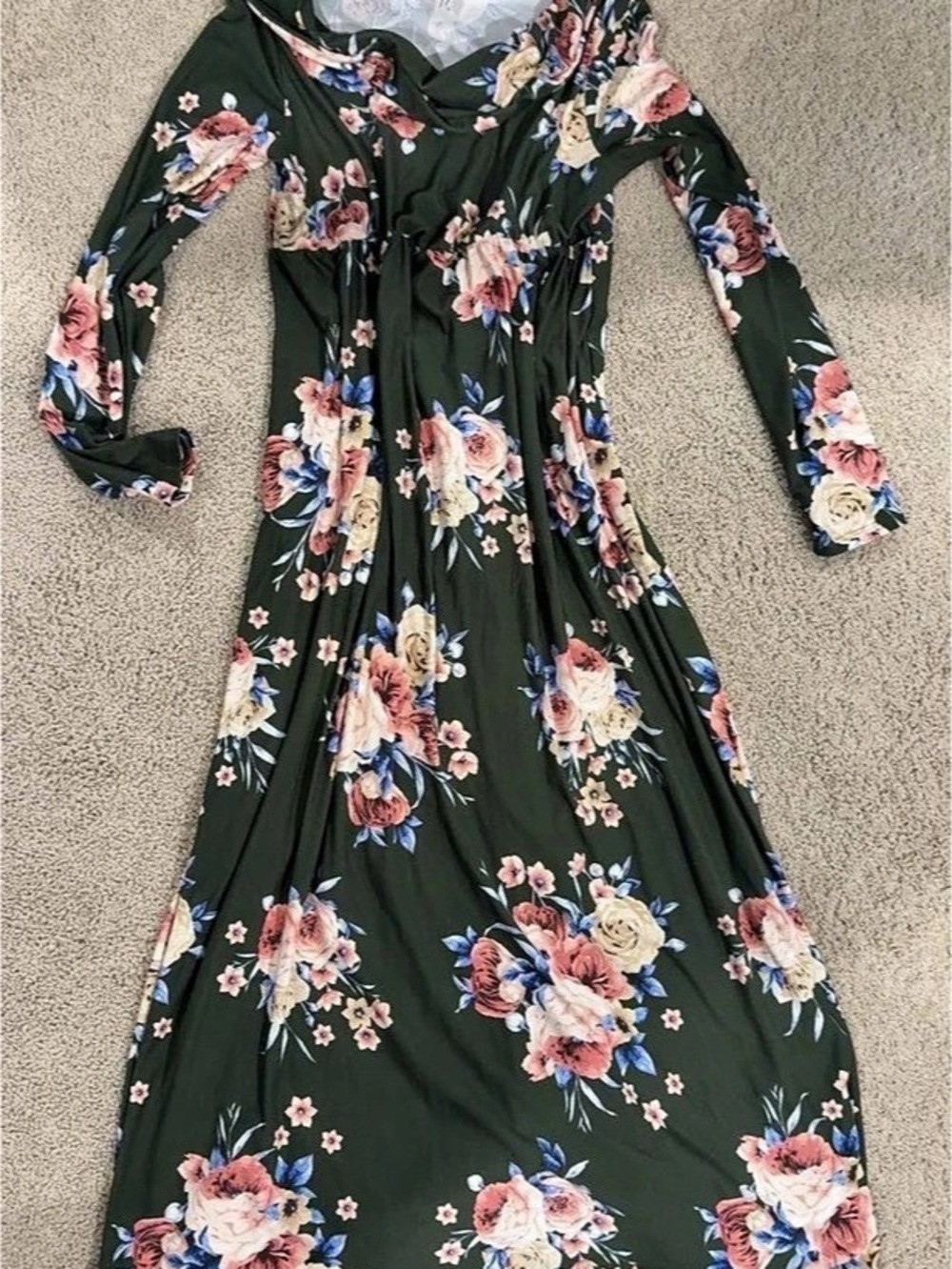 Floral Long Sleeve Maxi Dress in Green & Pink
